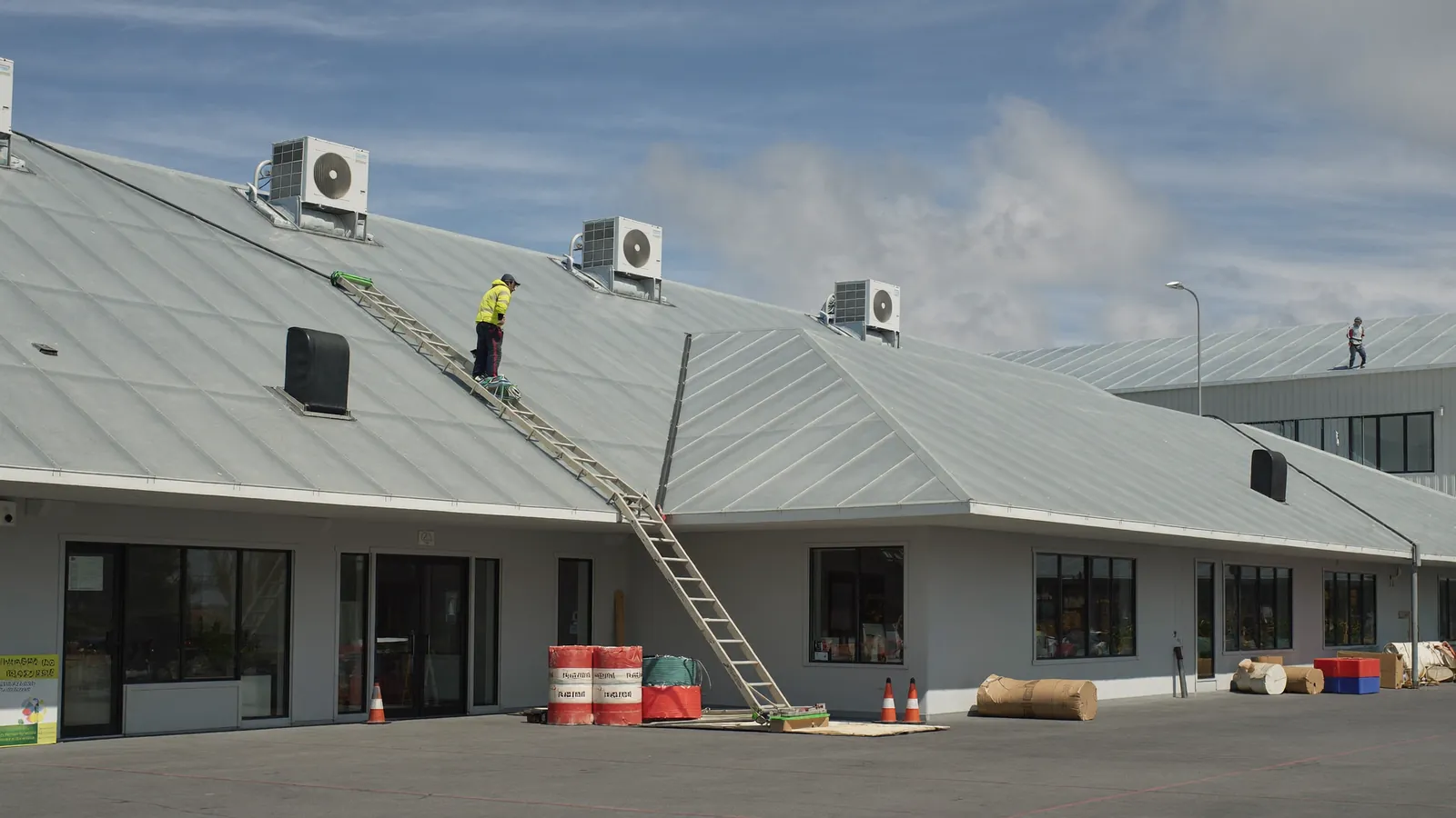 Commercial roofing crew working across a large low-slope roof of a retail building with rooftop HVAC units, in an industrial area