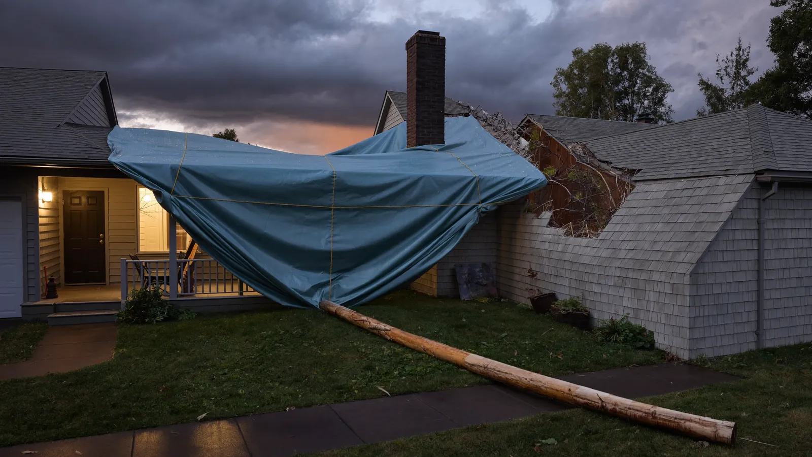 Blue emergency tarp strapped over a damaged section of a residential roof at dusk after a storm, work lights illuminating the crew